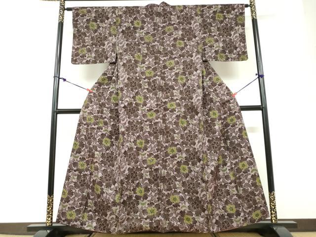 平和屋着物●上質な小紋 紬地 型染め 草花文 正絹 逸品 DABD9775ud