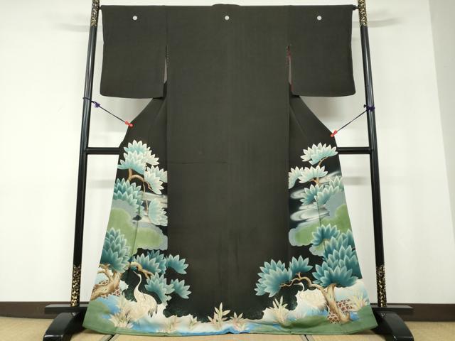 平和屋着物●アンティーク 大正ロマン 黒留袖 群鶴浜松文 銀彩 正絹 逸品 DABD9840ud