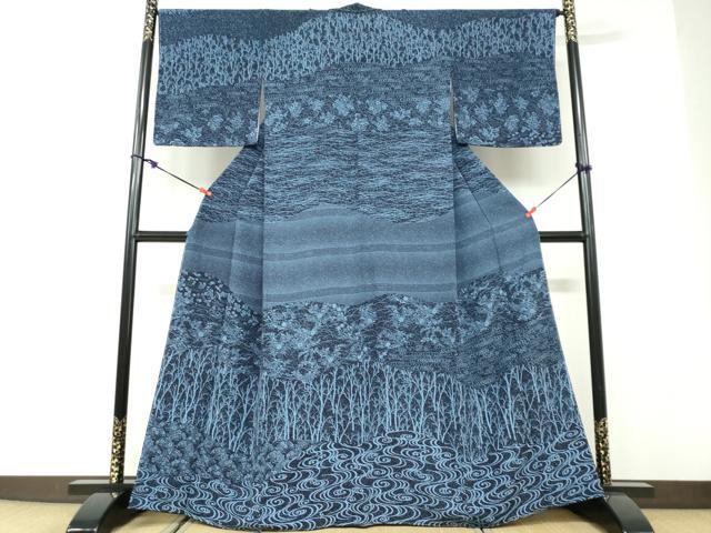 平和屋着物●訪問着 藍 流水花鳥文 やまと金ラベル 正絹 逸品 未使用 DABD9843ud