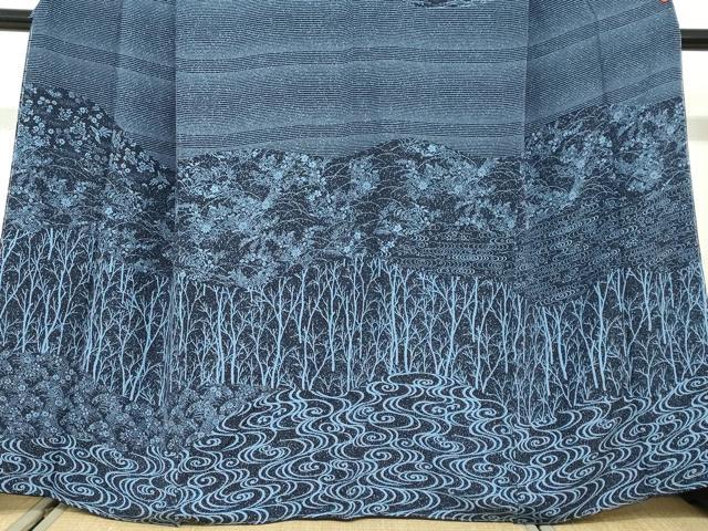 平和屋着物●訪問着 藍 流水花鳥文 やまと金ラベル 正絹 逸品 未使用 DABD9843ud