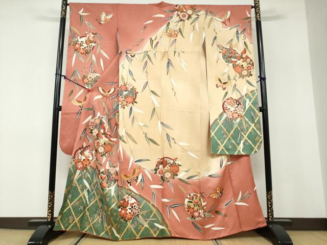 平和屋着物●豪華振袖 花鳥文 暈し染め 金彩 正絹 逸品 DABD9868ud