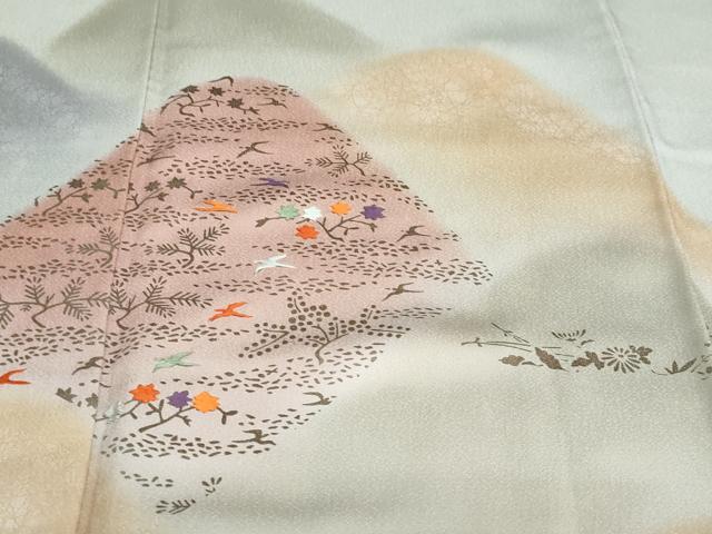 平和屋着物●訪問着 刺繍 遠山飛鶴草花文 暈し染め 金彩 正絹 逸品 DABD9878ud