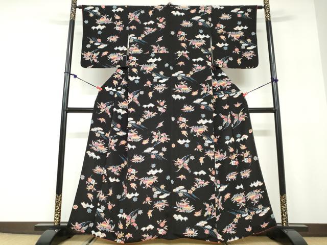平和屋着物●上質な小紋 型染 風景花鳥文 黒地 鬼しぼ縮緬 正絹 逸品 DABD9879ud