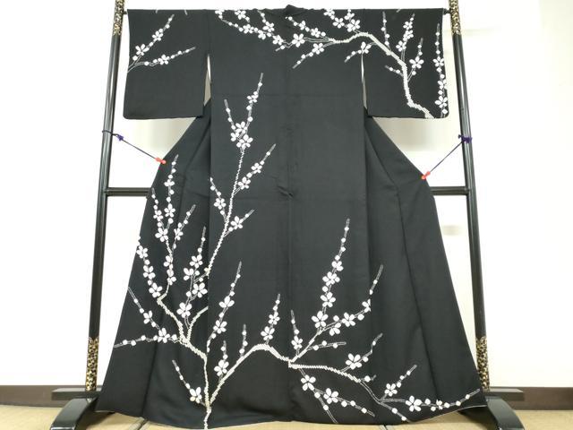 平和屋着物●訪問着 絞り 枝花文 黒地 正絹 逸品 DABD9909ud