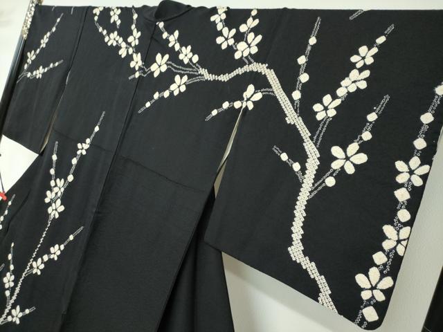 平和屋着物●訪問着 絞り 枝花文 黒地 正絹 逸品 DABD9909ud