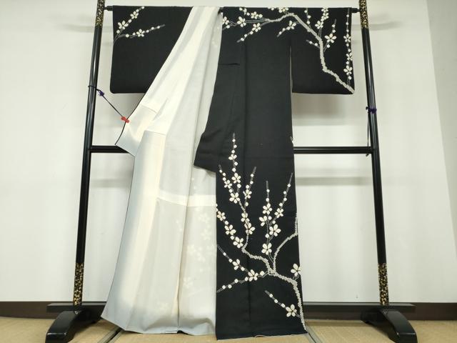 平和屋着物●訪問着 絞り 枝花文 黒地 正絹 逸品 DABD9909ud