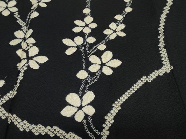 平和屋着物●訪問着 絞り 枝花文 黒地 正絹 逸品 DABD9909ud