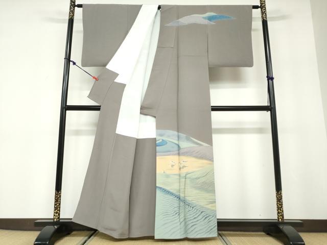 平和屋着物●十日町 加賀草木友禅の第一人者 田村哲彦 訪問着 群れ鳥 正絹 逸品 DABD9911ud