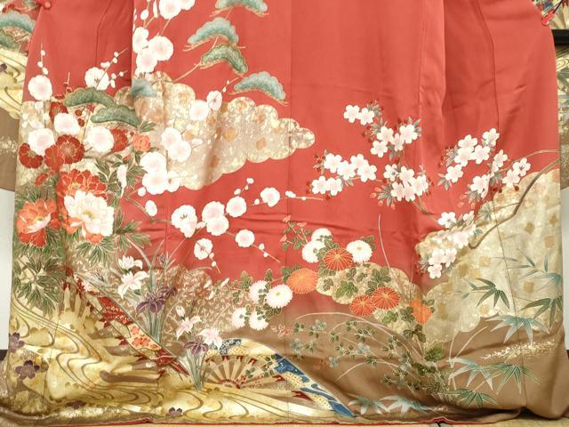 平和屋着物●豪華振袖 駒刺繍 片輪車草花文 暈し染め 金彩 正絹 逸品 DABD9924ud