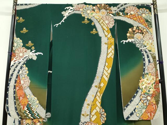 平和屋着物●女優・後藤久美子ブランド 振袖 駒刺繍 立波鳳凰草花文 暈し染め 金銀彩 正絹 逸品 DABD9927ud