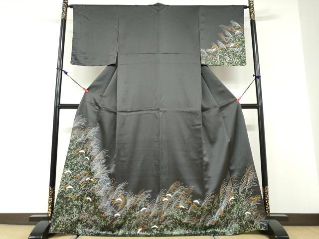 平和屋着物●訪問着 秋草文 黒地 金彩 ますいわ屋扱い 正絹 逸品 DABD9945ud