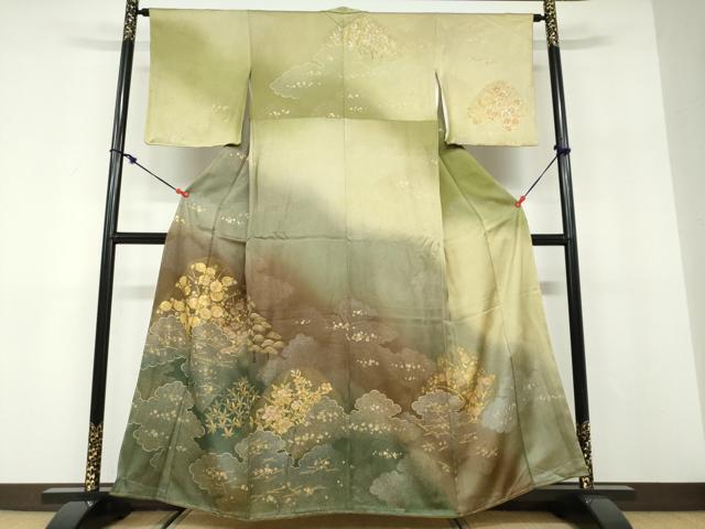 平和屋着物●訪問着 手描き 駒刺繍 雲取り草花文 暈し染め 金銀彩 正絹 逸品 未使用 DABD9960ud