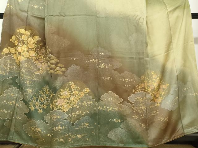 平和屋着物●訪問着 手描き 駒刺繍 雲取り草花文 暈し染め 金銀彩 正絹 逸品 未使用 DABD9960ud