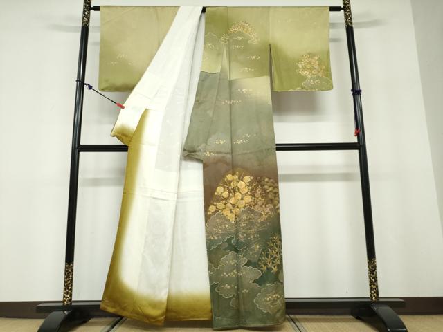 平和屋着物●訪問着 手描き 駒刺繍 雲取り草花文 暈し染め 金銀彩 正絹 逸品 未使用 DABD9960ud