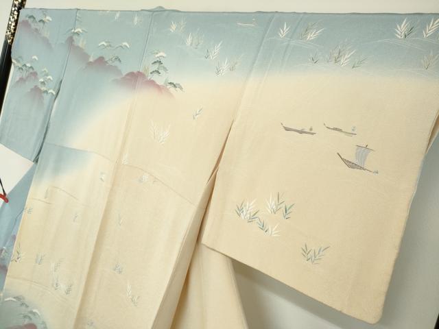 平和屋着物●訪問着 友禅 作家物 三井寺 人物風景草花文 暈し染め 鬼しぼ縮緬 正絹 逸品 DABD9965ud