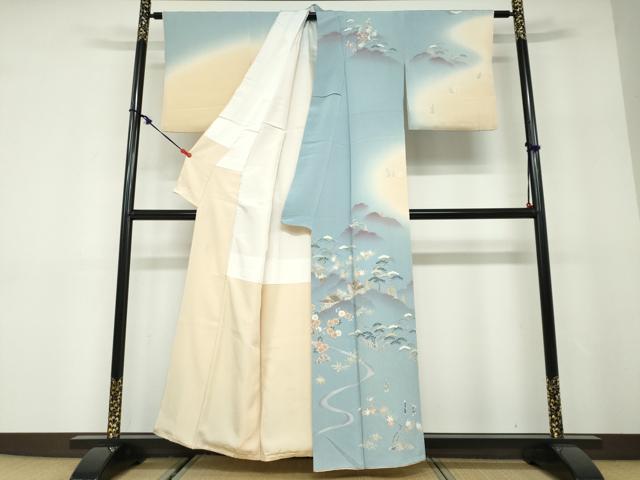 平和屋着物●訪問着 友禅 作家物 三井寺 人物風景草花文 暈し染め 鬼しぼ縮緬 正絹 逸品 DABD9965ud