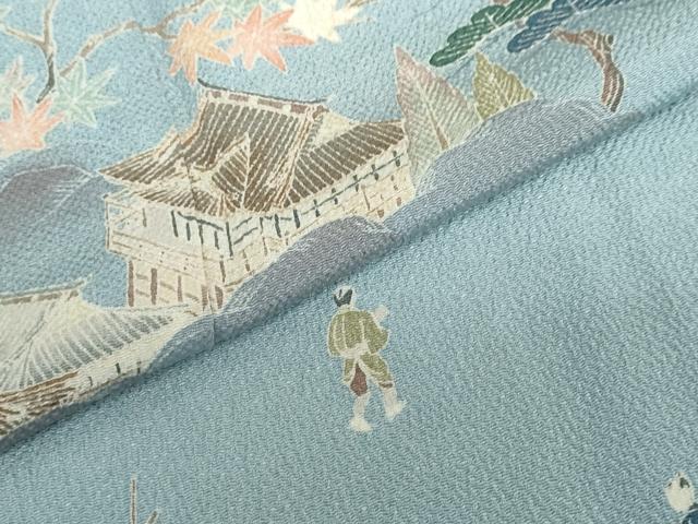 平和屋着物●訪問着 友禅 作家物 三井寺 人物風景草花文 暈し染め 鬼しぼ縮緬 正絹 逸品 DABD9965ud