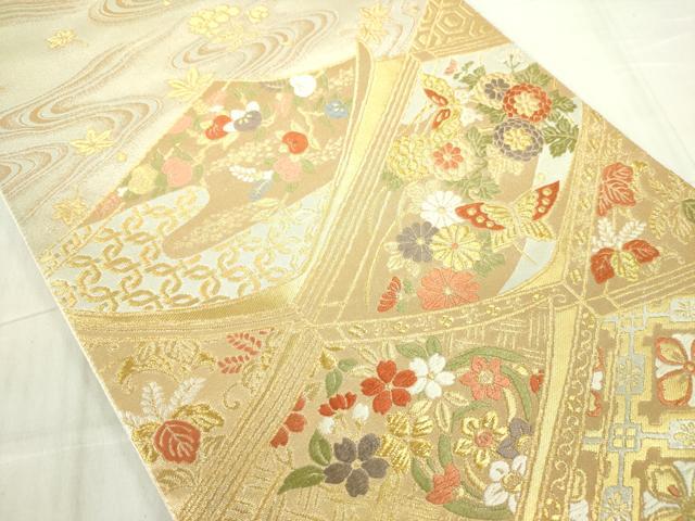 平和屋着物◎六通柄袋帯 唐織 古都 花蝶文 金糸 正絹 逸品 DABE0088ya