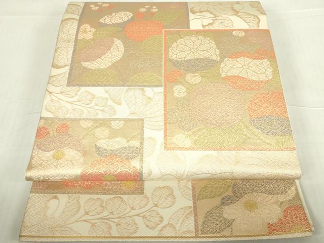 平和屋着物◎全通柄袋帯 色紙花文 金糸 正絹 逸品 DABE0133ya