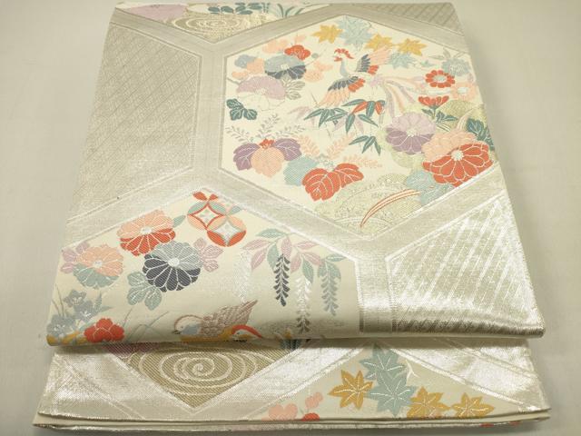 平和屋着物◎六通柄袋帯 亀甲花鳥文 銀糸 正絹 逸品 DABE0237ya