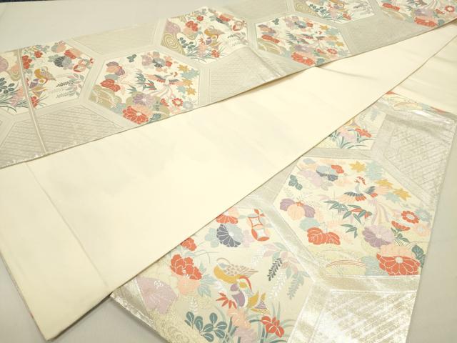 平和屋着物◎六通柄袋帯 亀甲花鳥文 銀糸 正絹 逸品 DABE0237ya