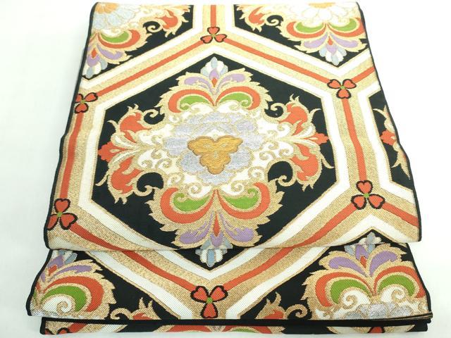 平和屋着物◎六通柄袋帯 亀甲花文 黒地 金銀糸 正絹 逸品 DABE0353ya
