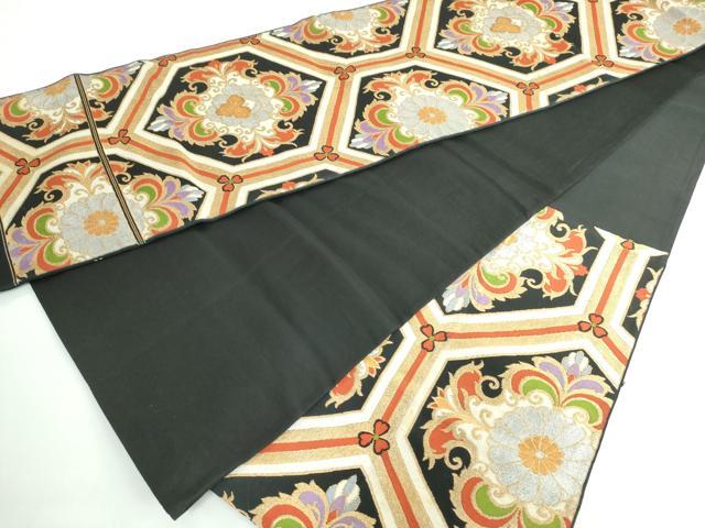 平和屋着物◎六通柄袋帯 亀甲花文 黒地 金銀糸 正絹 逸品 DABE0353ya