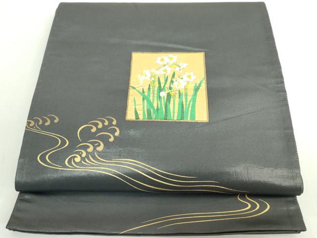 平和屋着物◎太鼓柄袋帯 刺繍 流水花文 金彩 正絹 逸品 DABE0388ya