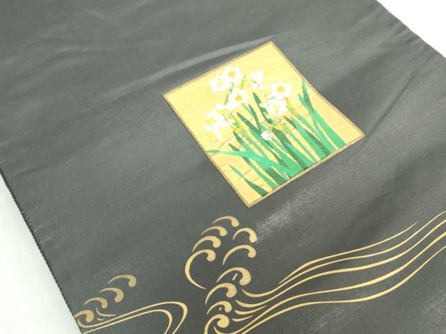 平和屋着物◎太鼓柄袋帯 刺繍 流水花文 金彩 正絹 逸品 DABE0388ya