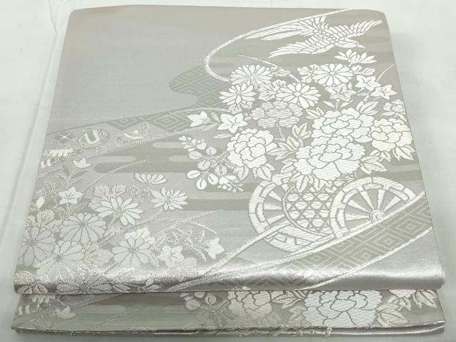 平和屋着物◎六通柄袋帯 唐織 道長宝尽くし花鳥文 銀糸 正絹 逸品 DABE0546qa