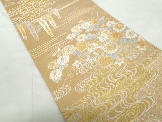 平和屋着物◎六通柄袋帯 流水草花文 金銀糸 正絹 逸品 DABE0557qa