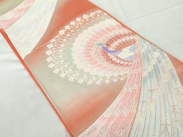 平和屋着物◎六通柄袋帯 唐織 孔雀文 銀糸 正絹 逸品 DABE0561qa