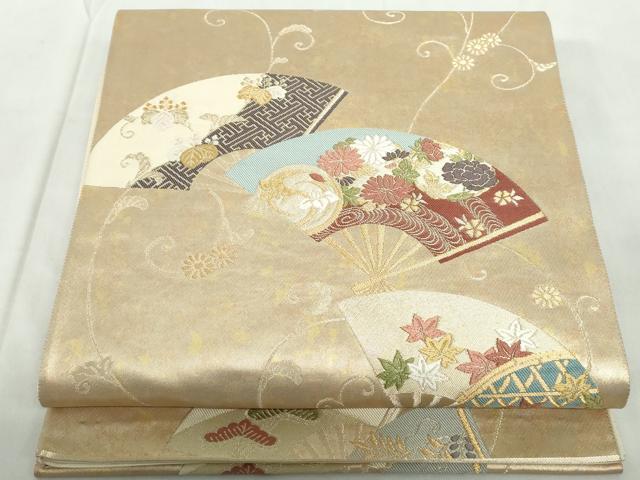 平和屋着物◎六通柄袋帯 唐織 扇面花文 金銀糸 引箔 正絹 逸品 DABE0566qa