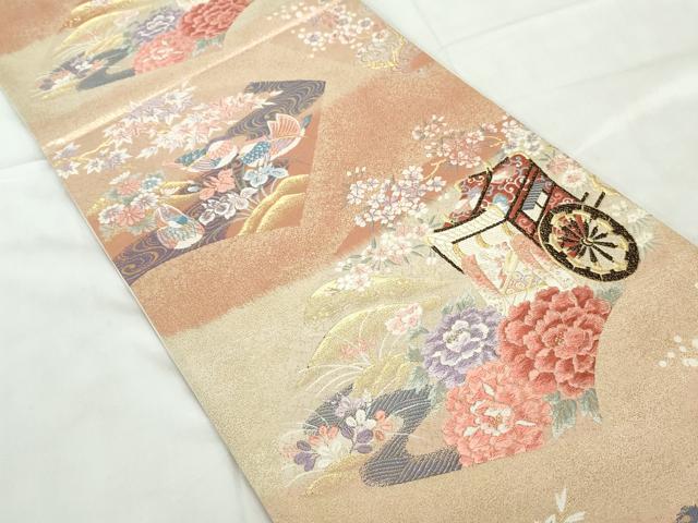 平和屋着物◎六通柄袋帯 唐織 鴛鴦御所車花文 金糸 正絹 逸品 DABE0575qa