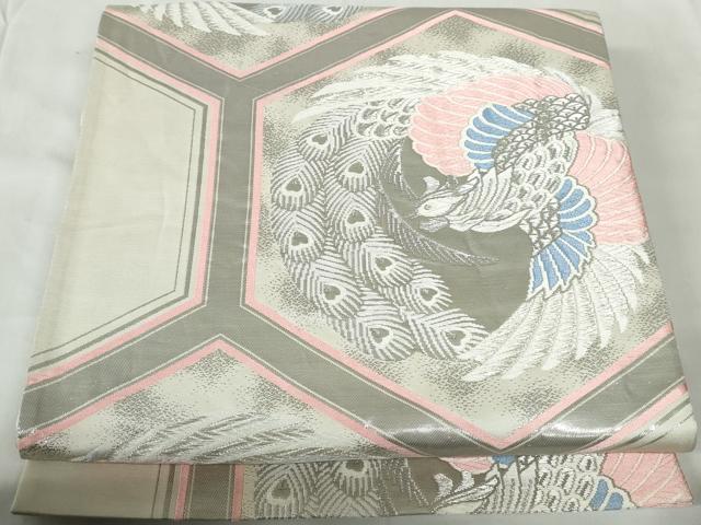 平和屋着物◎六通柄袋帯 唐織 プラチナ箔 亀甲孔雀文 正絹 逸品 DABE0622qa