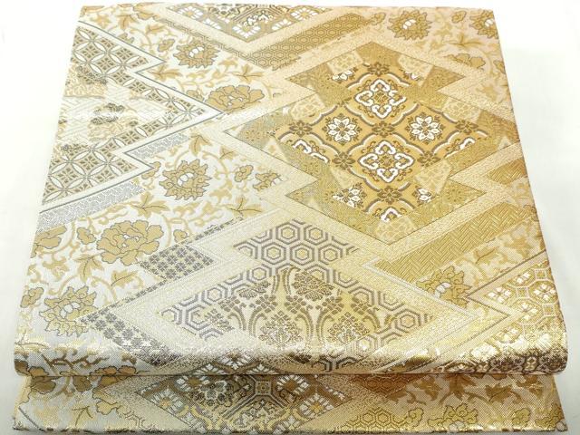 平和屋着物●六通柄袋帯　松皮菱花文　金糸　正絹　逸品　CABC5238hy 平和屋着物○六通柄袋帯 唐織 平安業平菱 金糸 さが美扱い 正絹 逸品