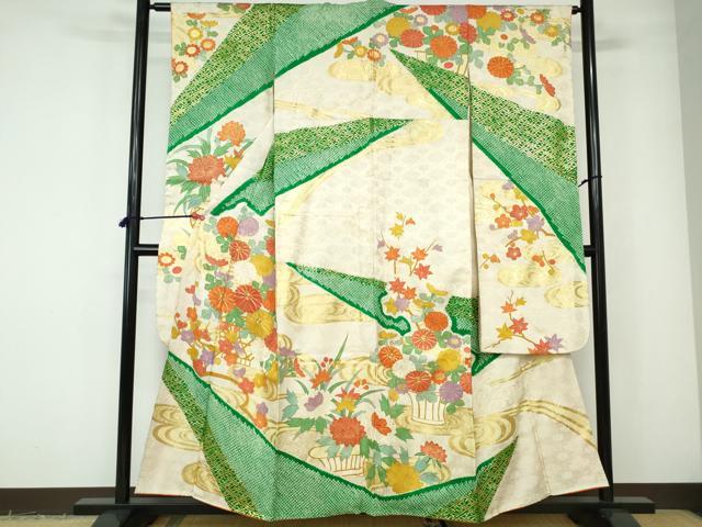 平和屋着物●豪華振袖　駒刺繍　流水枝梅　金彩　正絹　逸品　DAAY1730ps 平和屋着物□豪華振袖 駒刺繍 流水枝花文 金銀彩 正絹 逸品 CABG4836fb