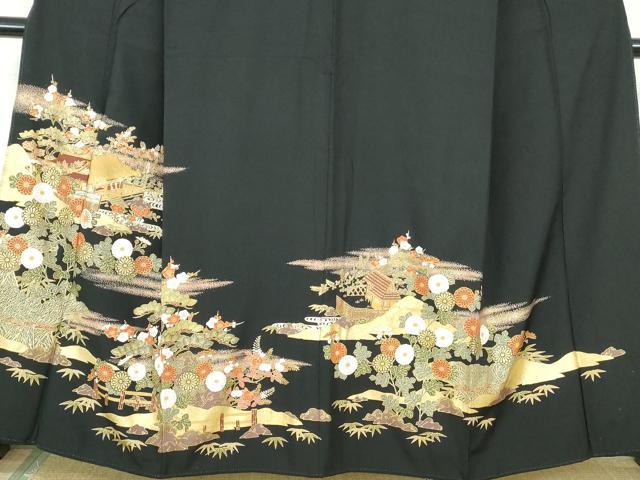平和屋着物■豪華黒留袖 駒刺繍 風景花文 金銀彩 正絹 逸品 DABE0801qa