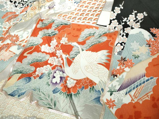 平和屋着物■豪華黒留袖 駒刺繍 向かい鶴花松文 金彩 正絹 逸品 DABE0831qa