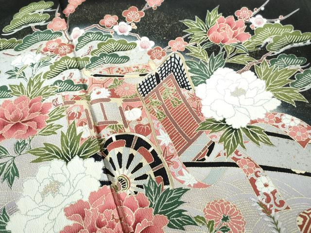 平和屋着物■豪華黒留袖 駒刺繍 御所車花文 金彩 正絹 逸品 DABE0843qa