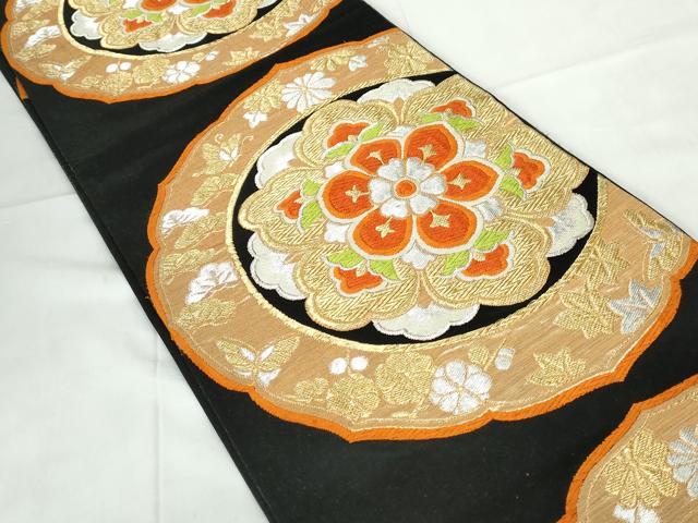 平和屋着物◎六通柄袋帯 唐織 正倉院花文 黒地 金銀糸 正絹 逸品 DABE0925qa