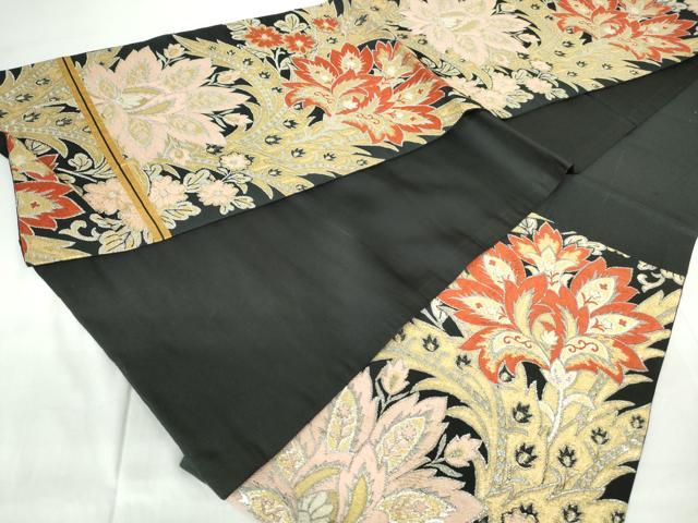 平和屋着物◎六通柄 京袋帯 唐織 更紗花文 黒地 金銀糸 正絹 逸品 DABE0926qa