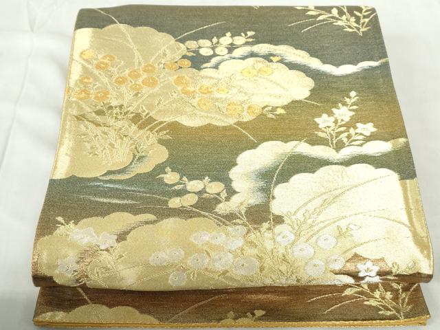平和屋着物◎六通柄袋帯 重ね雲花文 金銀糸 正絹 逸品 DABE0933qa