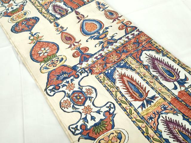 平和屋着物◎六通柄袋帯 幾何学文 更紗 金糸 正絹 逸品 DABE0936qa