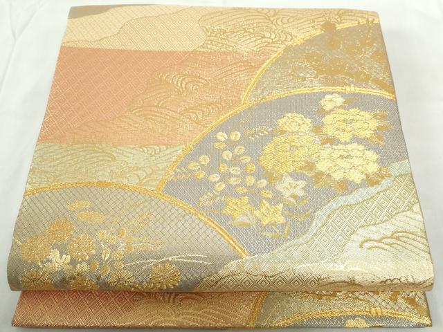 平和屋着物◎本綾佐賀錦 伝統工芸品産業功労者 岡野武一郎 六通柄袋帯 横段地紙花文 金糸 正絹 逸品 DABE0963qa