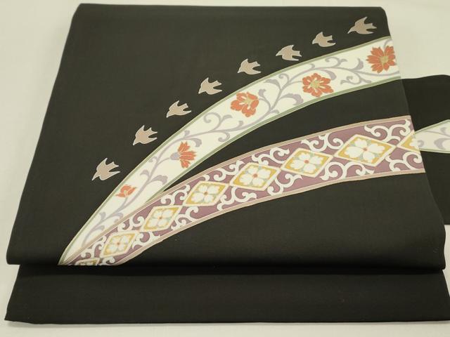 平和屋着物●塩瀬　九寸名古屋帯　更紗花唐草文　黒地　金彩　正絹　逸品　DABE1005op 平和屋着物○塩瀬 九寸名古屋帯 更紗花唐草文 黒地 金彩 正絹