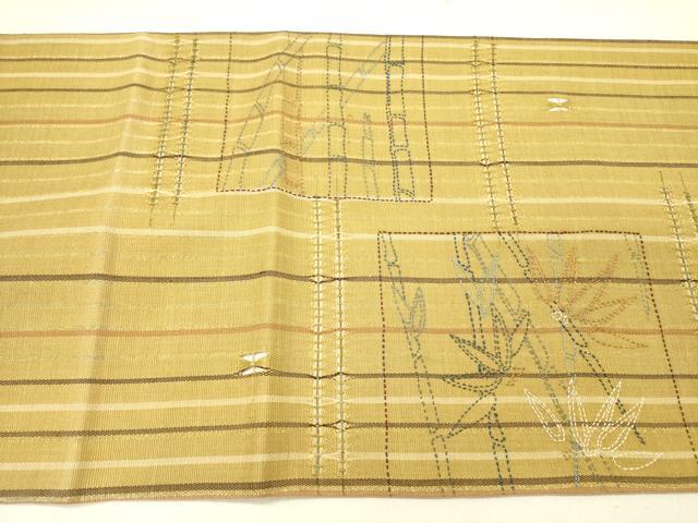 平和屋着物●太鼓柄袋帯 もじり織 刺し子 笹竹文 金糸 正絹 逸品 DABE1009op