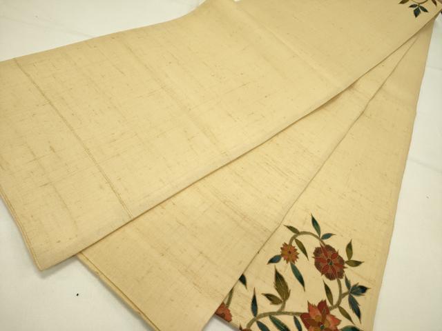 平和屋着物●太鼓柄袋帯 紬地 刺繍 更紗花文 金彩 正絹 逸品 DABE1019op