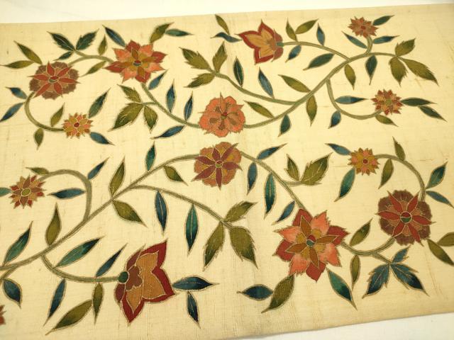 平和屋着物●太鼓柄袋帯 紬地 刺繍 更紗花文 金彩 正絹 逸品 DABE1019op