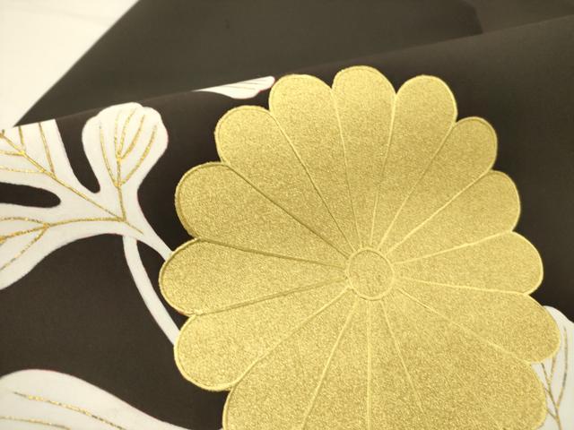 平和屋着物●塩瀬 九寸名古屋帯 菊 黒地 金彩 正絹 逸品 DABE1032op